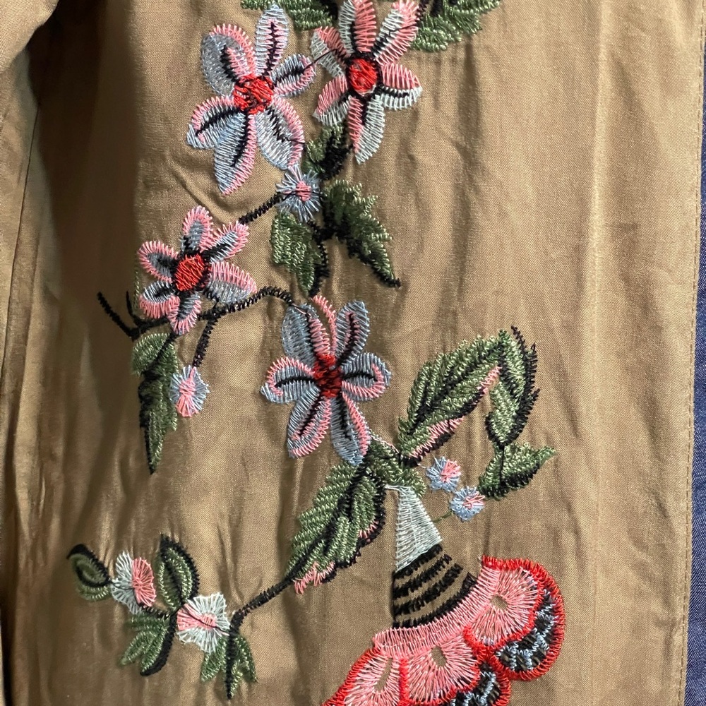 Khaki Floral Embroidered Long Kimono Duster Robe Festival Boho Lagenlook OS - Picture 5 of 9